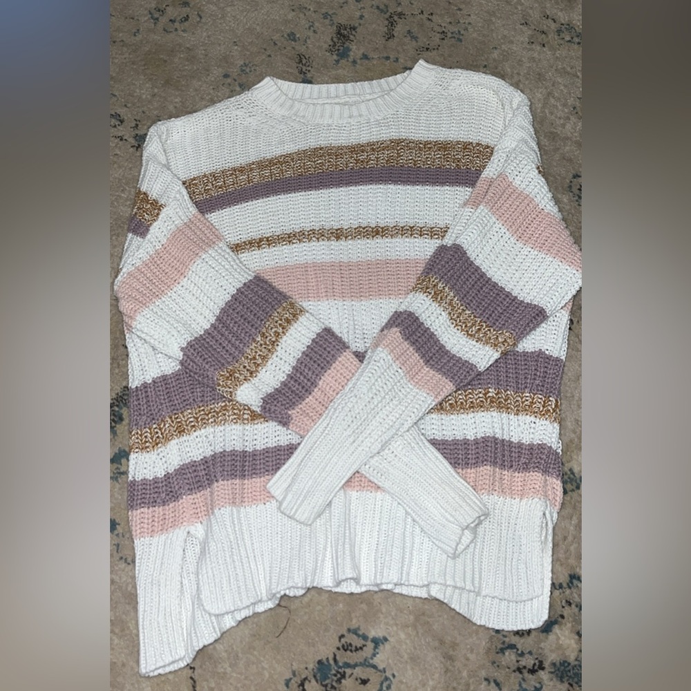 Aeropostale Women's Sweater in Cream, Pink, and Gold Stripes